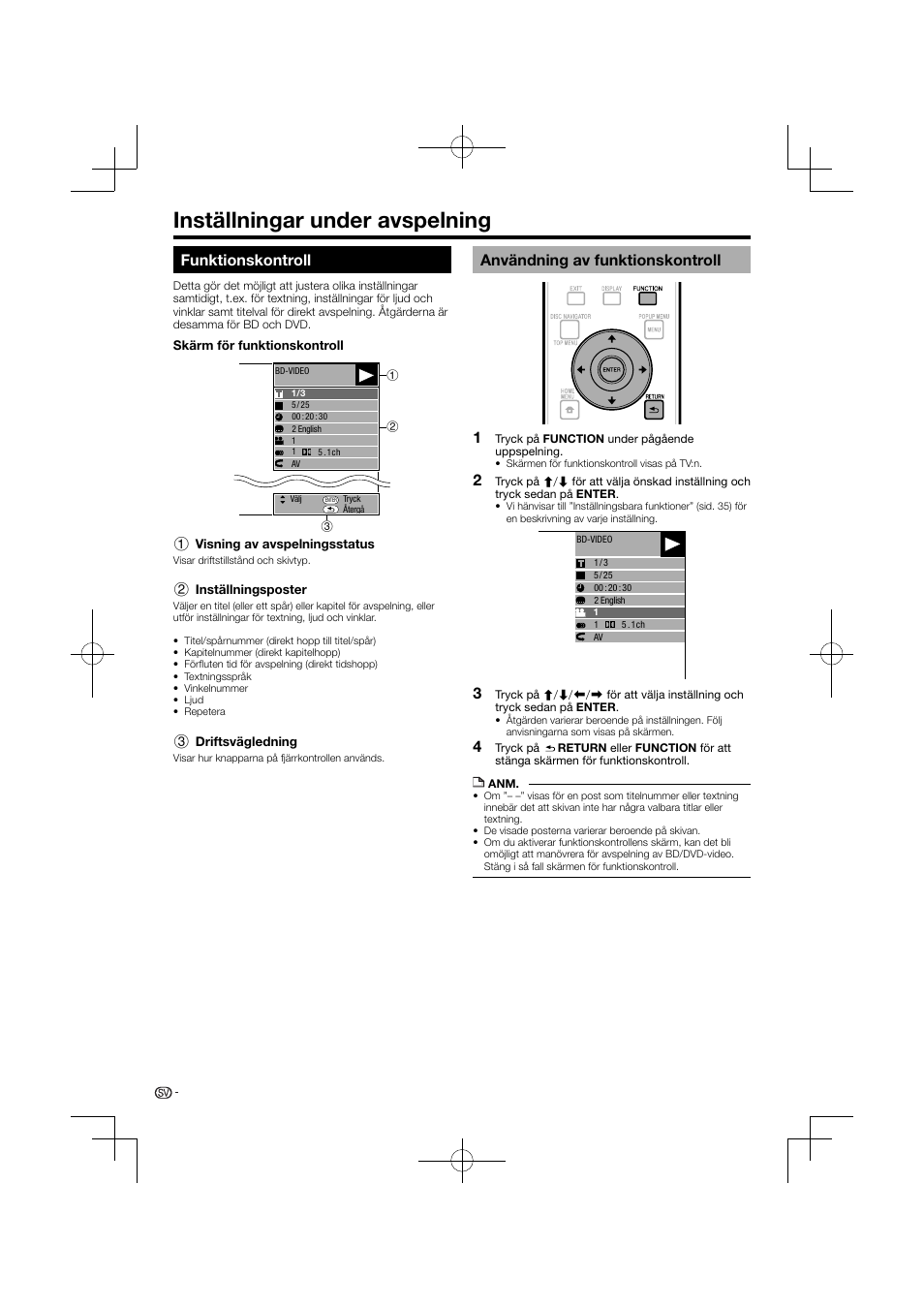 Inställningar under avspelning, Funktionskontroll, Användning av funktionskontroll | Pioneer BDP-120 User Manual | Page 347 / 427