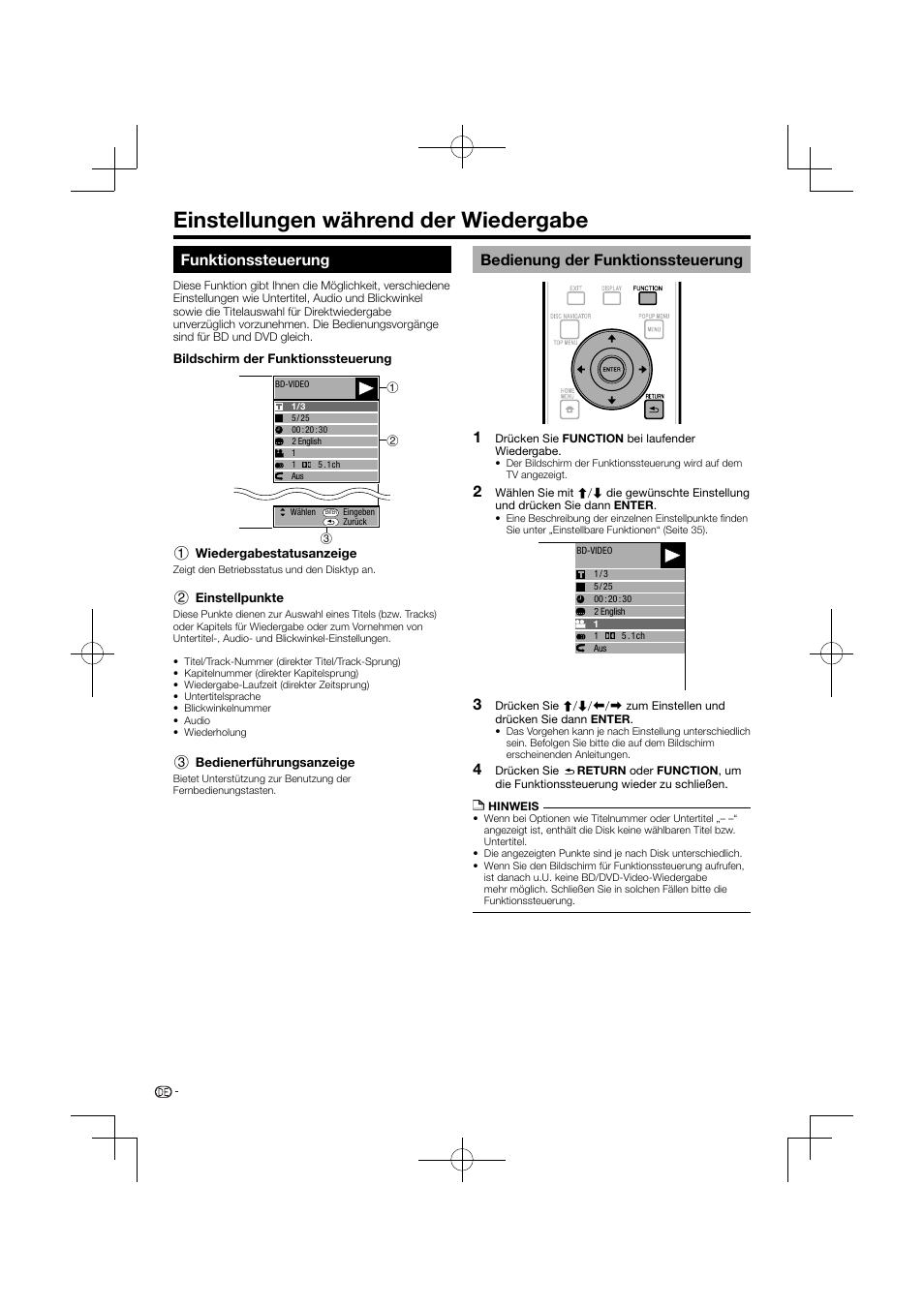 Einstellungen während der wiedergabe, Funktionssteuerung, Bedienung der funktionssteuerung | Pioneer BDP-120 User Manual | Page 35 / 427