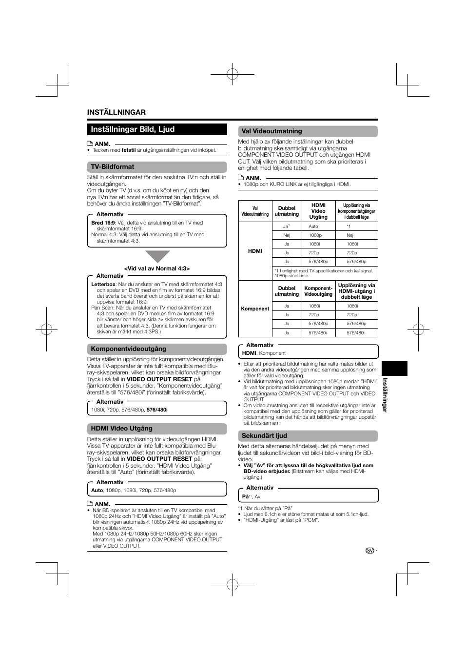 Inställningar bild, ljud, Inställningar | Pioneer BDP-120 User Manual | Page 350 / 427