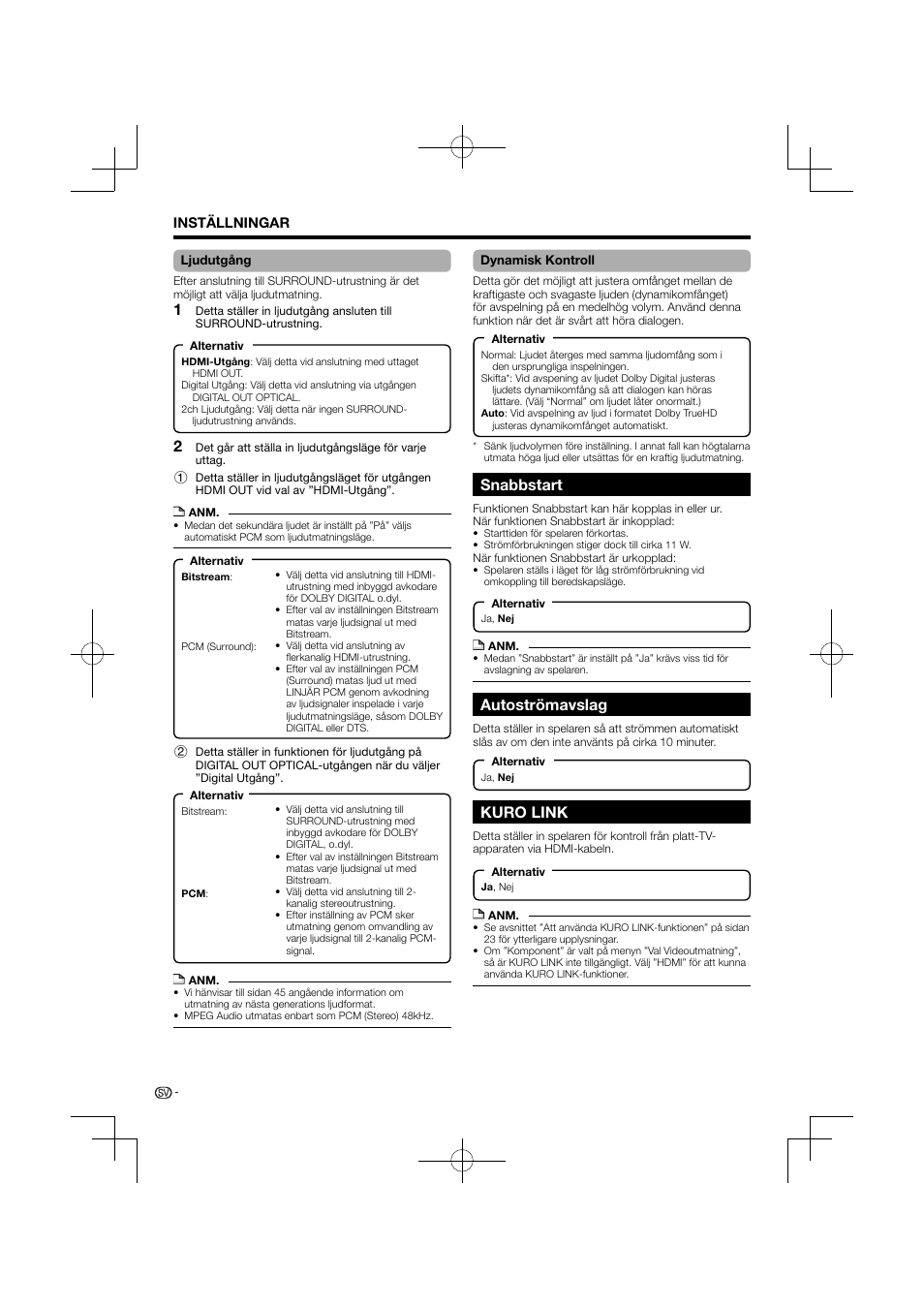 37–38 snabbstart autoströmavslag kuro link, Snabbstart, Autoströmavslag | Kuro link | Pioneer BDP-120 User Manual | Page 351 / 427