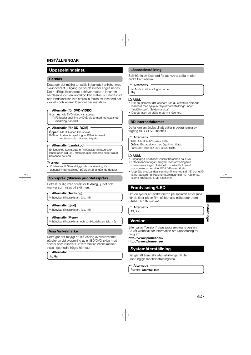 Frontvisning/led, Version, Systemåterställning | Uppspelningsinst | Pioneer BDP-120 User Manual | Page 352 / 427