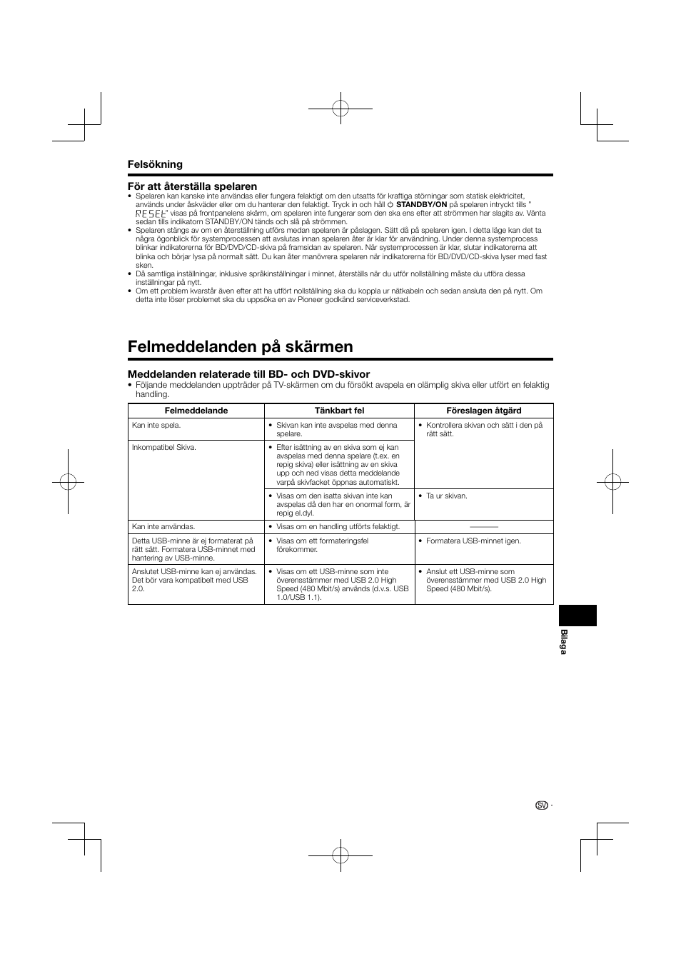 För att återställa spelaren, Felmeddelanden på skärmen | Pioneer BDP-120 User Manual | Page 362 / 427