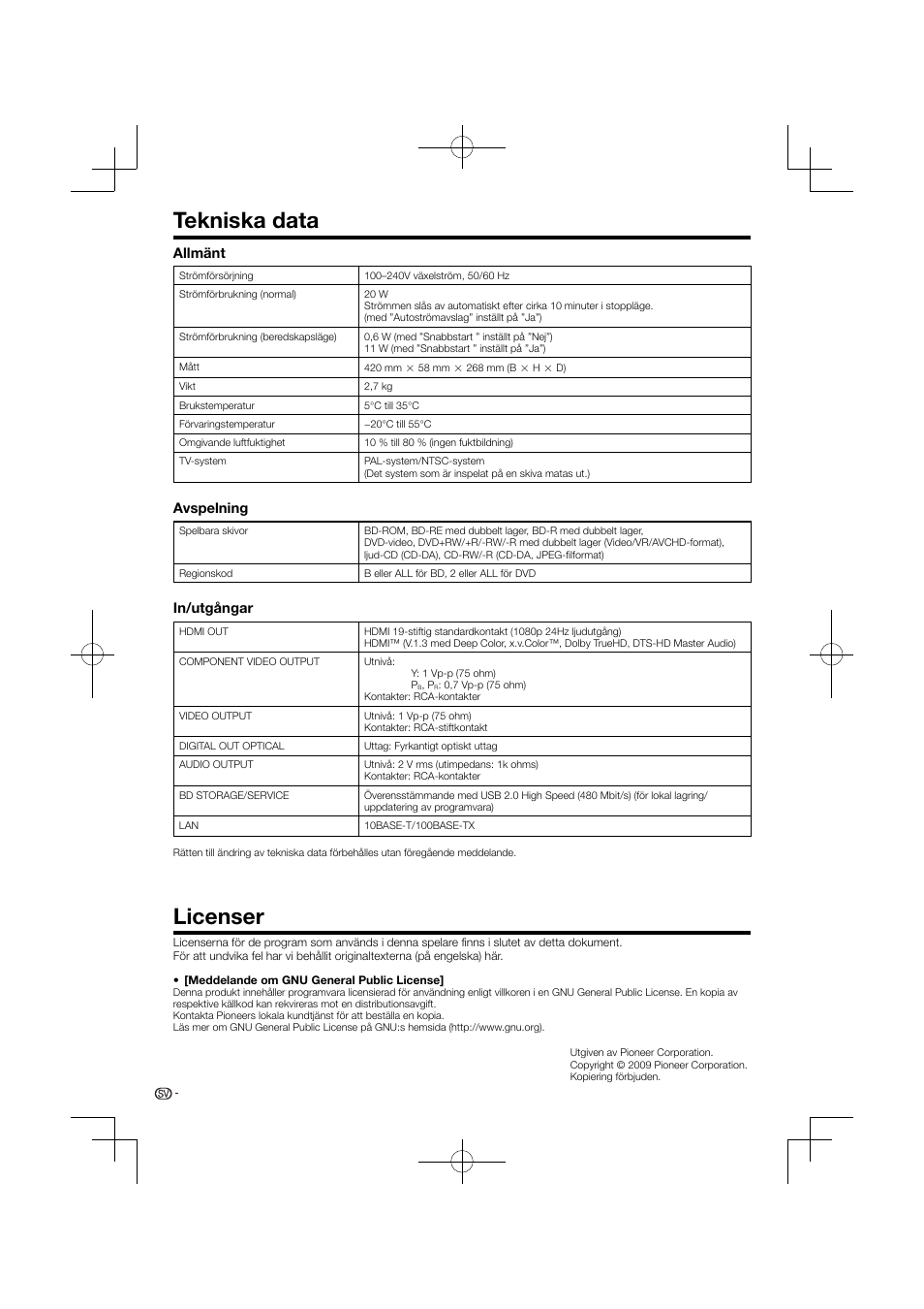 Tekniska data licenser, Tekniska data, Licenser | Allmänt, Avspelning, In/utgångar | Pioneer BDP-120 User Manual | Page 365 / 427