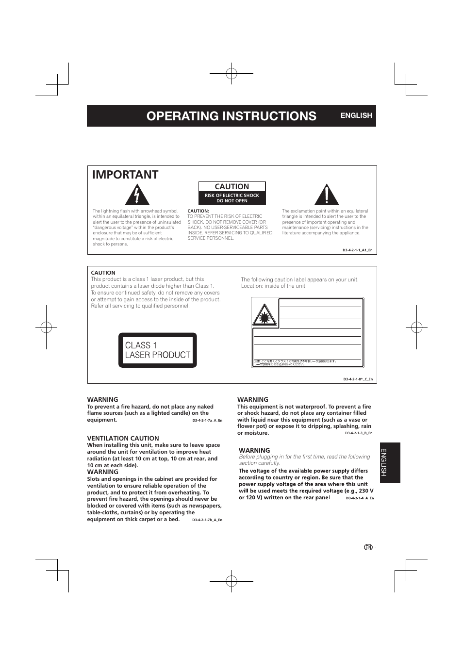 Operating instructions, Important, Caution | Pioneer BDP-120 User Manual | Page 366 / 427