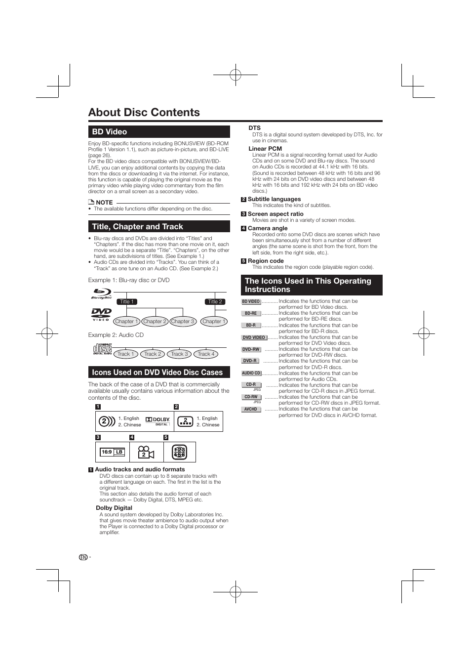 About disc contents, The icons used in this operating instructions, Icons used on dvd video disc cases | Bd video, Title, chapter and track | Pioneer BDP-120 User Manual | Page 373 / 427