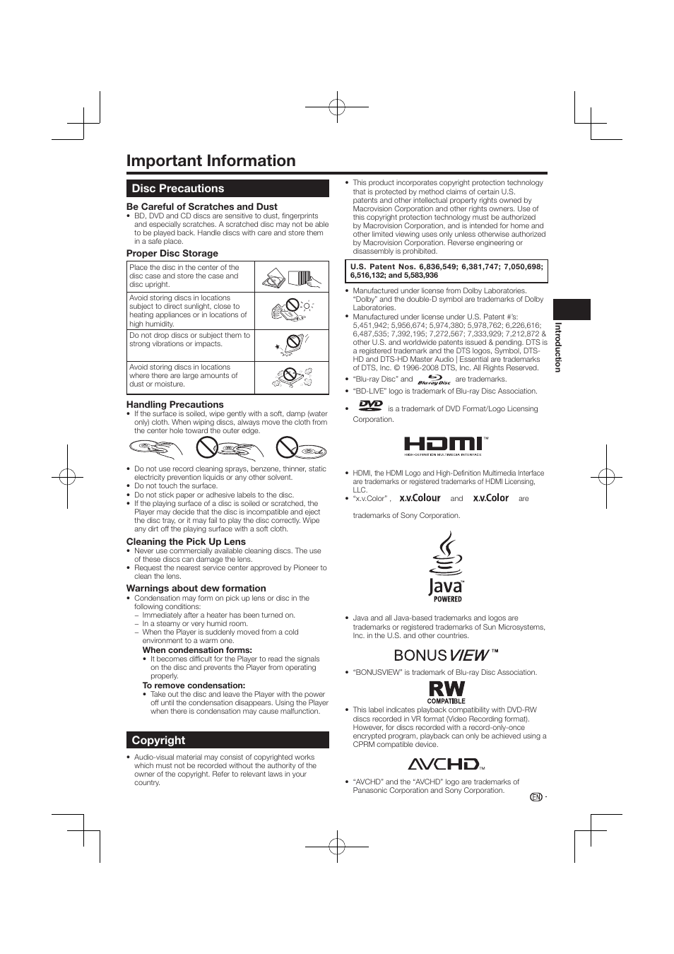 Important information, Disc precautions copyright, Disc precautions | Copyright | Pioneer BDP-120 User Manual | Page 374 / 427