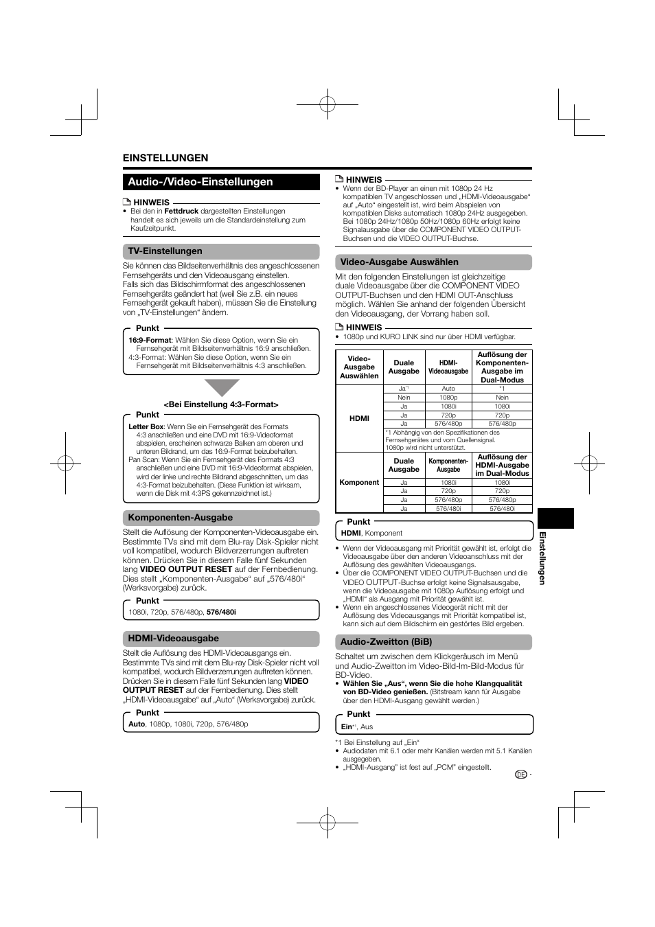 Audio-/video-einstellungen, Einstellungen | Pioneer BDP-120 User Manual | Page 38 / 427