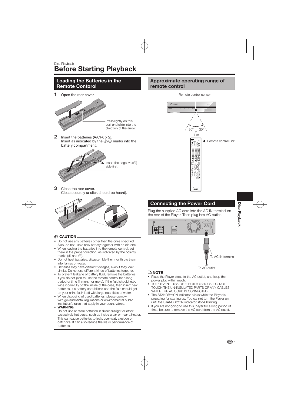 Before starting playback -23, Loading the batteries in the remonte contorol, Approximate operating range of remote control | Connecting the power cord, Before starting playback, Loading the batteries in the remote contorol, 12 3 connecting the power cord | Pioneer BDP-120 User Manual | Page 384 / 427