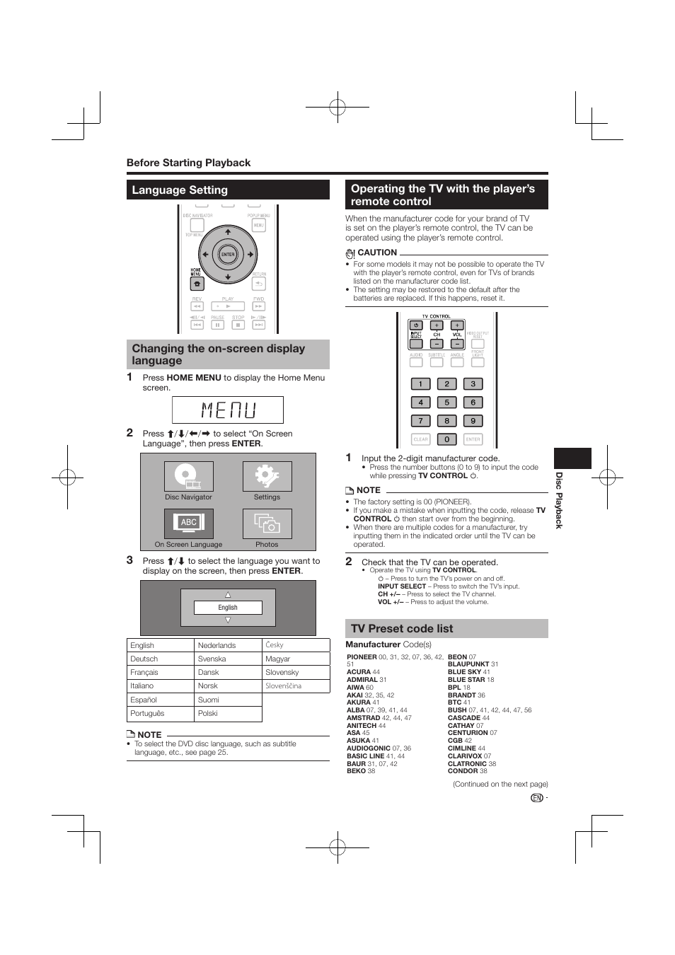 Language setting, Changing the on-screen display language, Operating the tv with the player’s remote control | Tv preset code list -22, 12 3 tv preset code list | Pioneer BDP-120 User Manual | Page 386 / 427