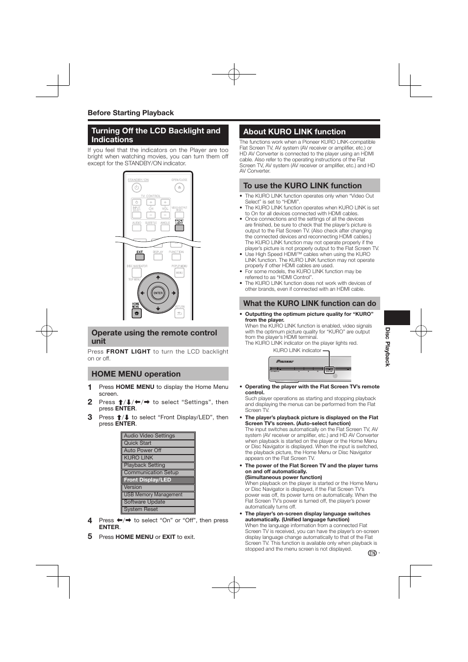 Turning off the lcd backlight and indications, About kuro link function, What the kuro link function can do | Operate using the remote control unit, Home menu operation | Pioneer BDP-120 User Manual | Page 388 / 427