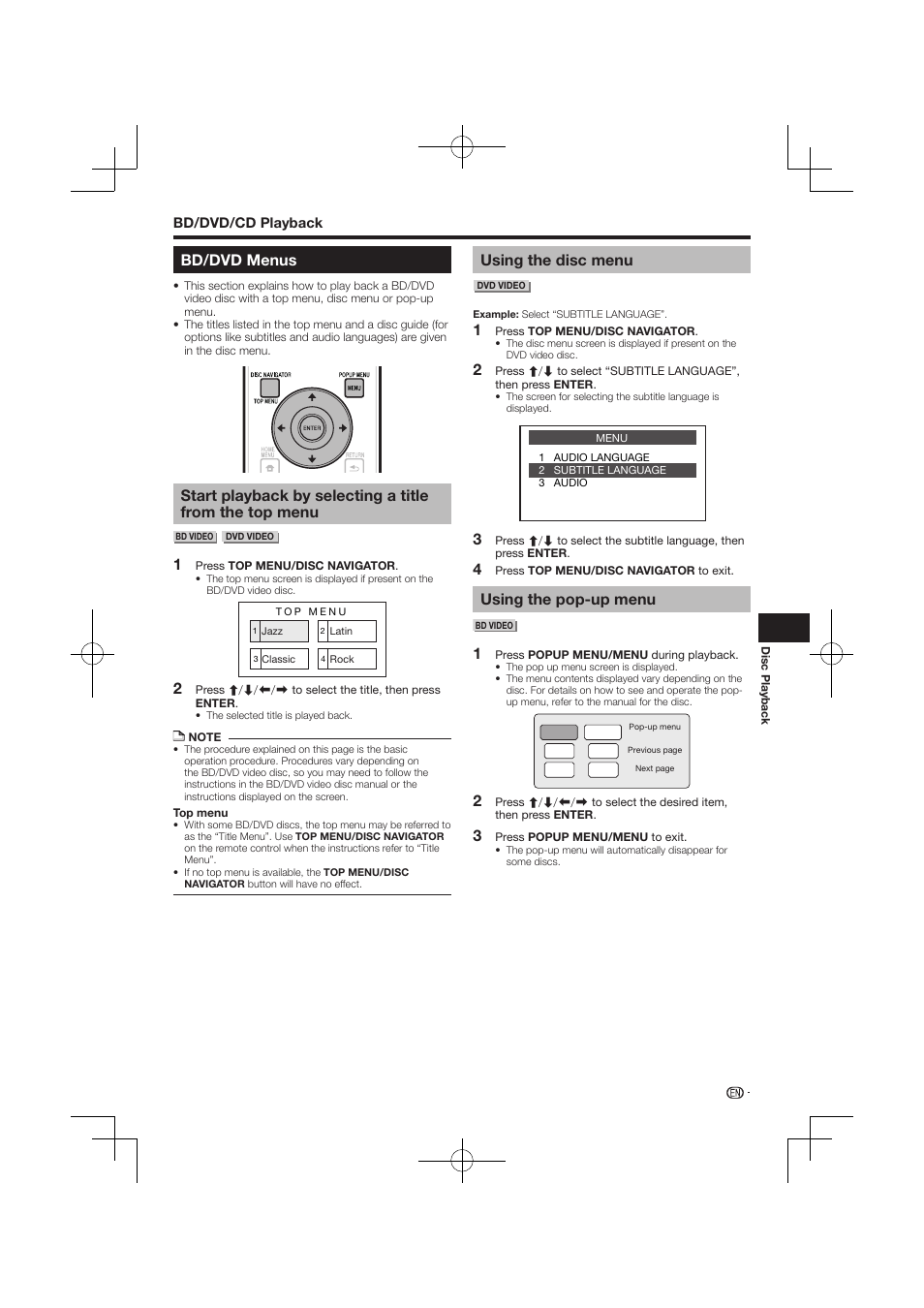 Bd/dvd menus, Using the disc menu, Using the pop-up menu | Pioneer BDP-120 User Manual | Page 390 / 427