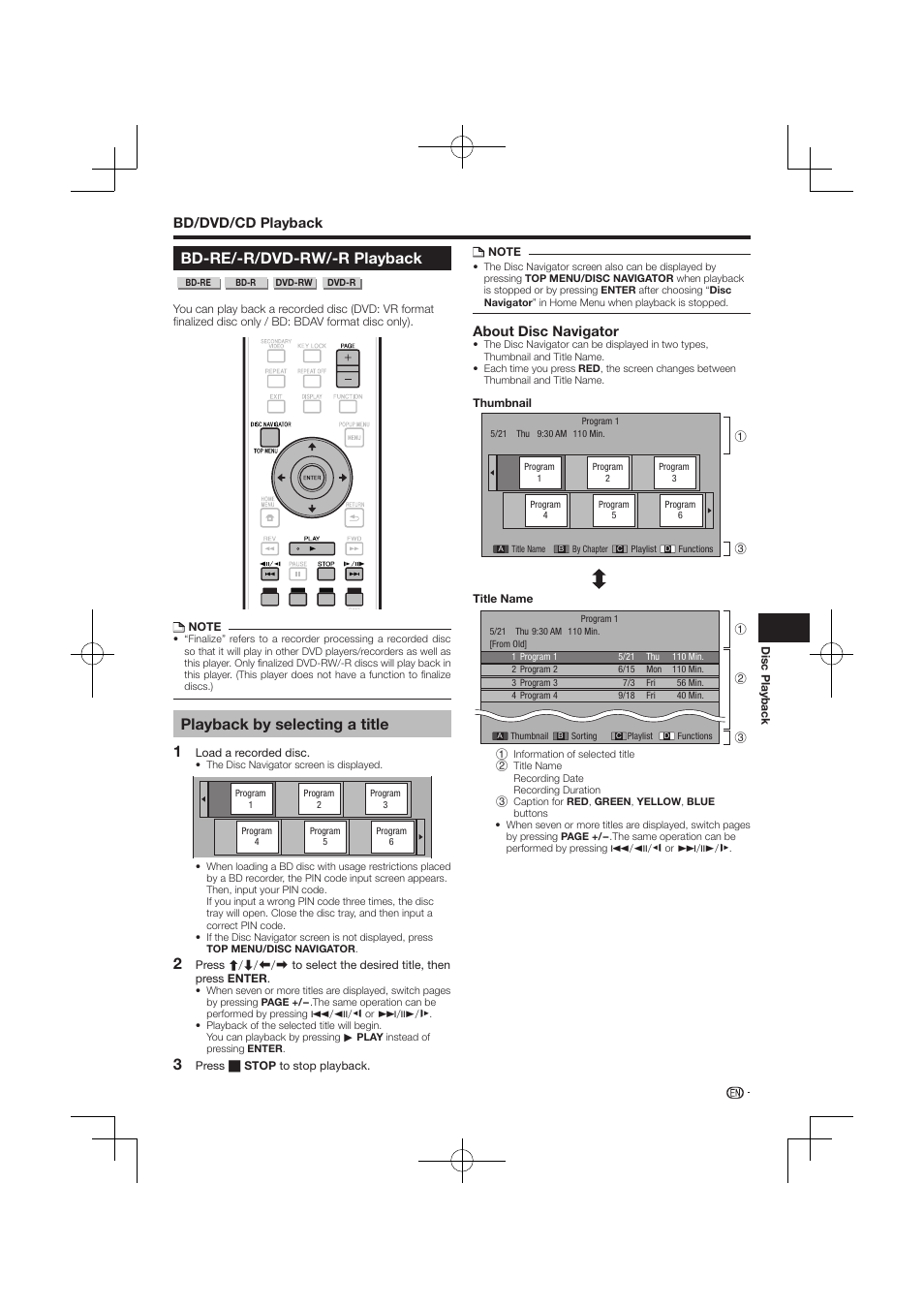 Dvd-rw/-r/bd-re/-r playback -28, Playback by selecting a title, Bd-re/-r/dvd-rw/-r playback | Bd/dvd/cd playback, About disc navigator | Pioneer BDP-120 User Manual | Page 392 / 427