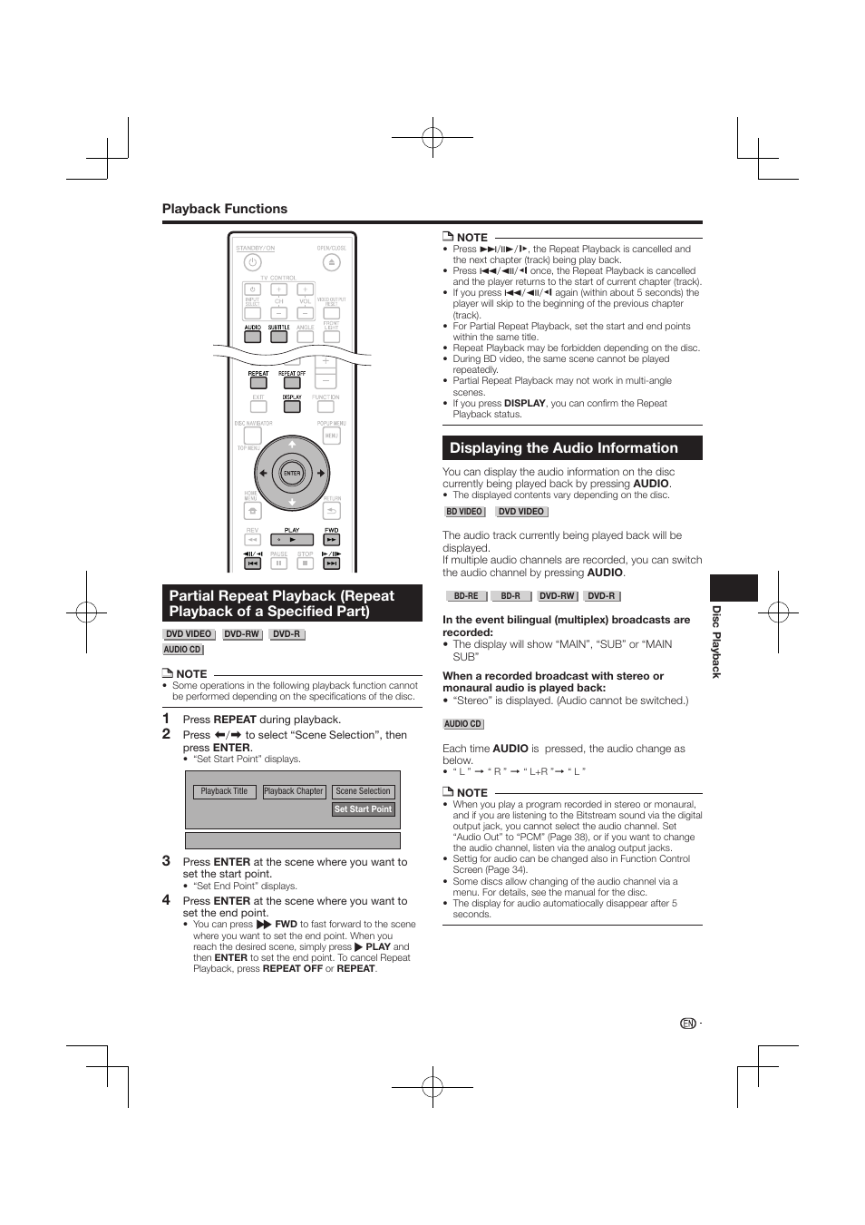 Partial repeat playback, Repeat playback of a specified part), Displaying the audio information | Pioneer BDP-120 User Manual | Page 396 / 427