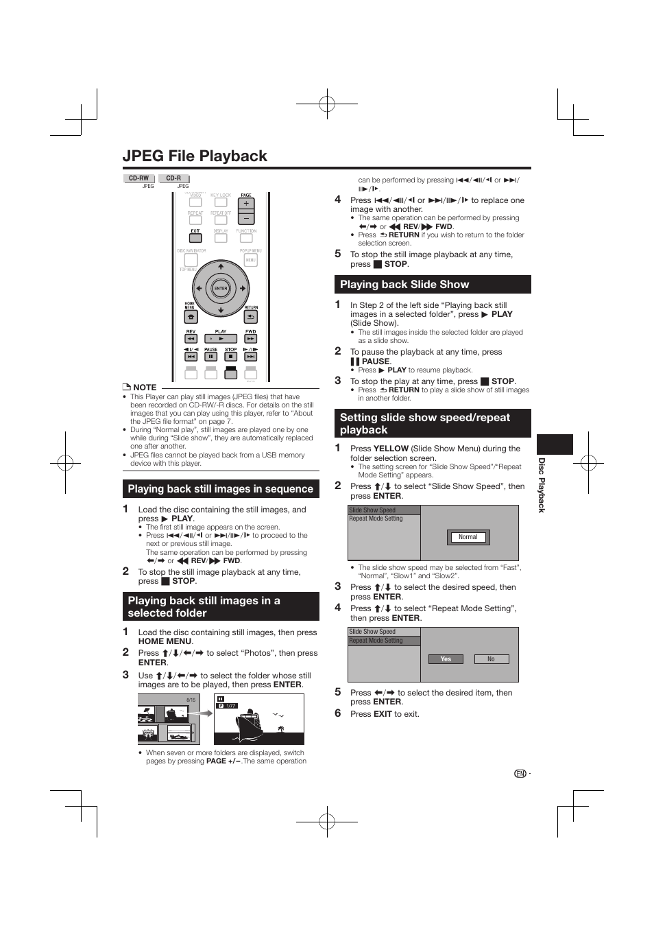 Jpeg file playback, Playing back still images in sequence, Playing back still images in a selected folder | Playing back slide show, Setting slide show speed/repeat playback | Pioneer BDP-120 User Manual | Page 398 / 427