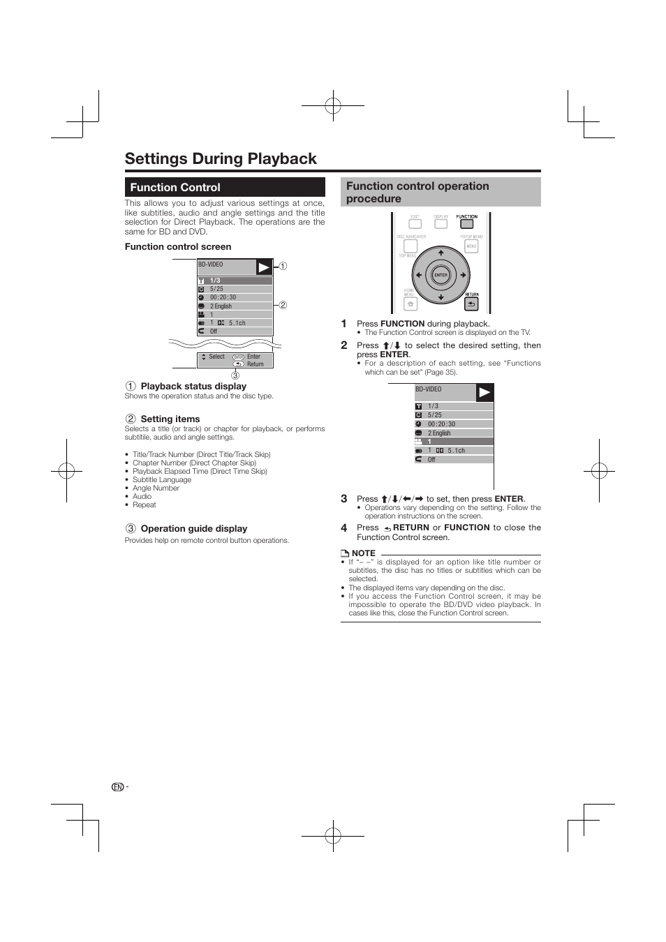 Settings during playback -35, Function control, Function control operation procedure | Settings during playback | Pioneer BDP-120 User Manual | Page 399 / 427