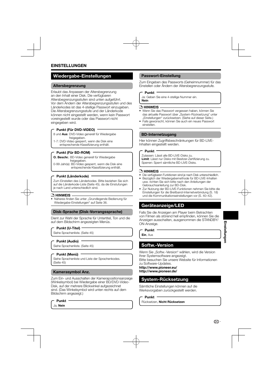Geräteanzeige/led, Softw.-version, System-rücksetzung | Wiedergabe-einstellungen | Pioneer BDP-120 User Manual | Page 40 / 427