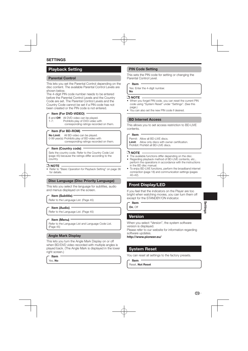 Front display/led, Version, Playback setting | System reset | Pioneer BDP-120 User Manual | Page 404 / 427