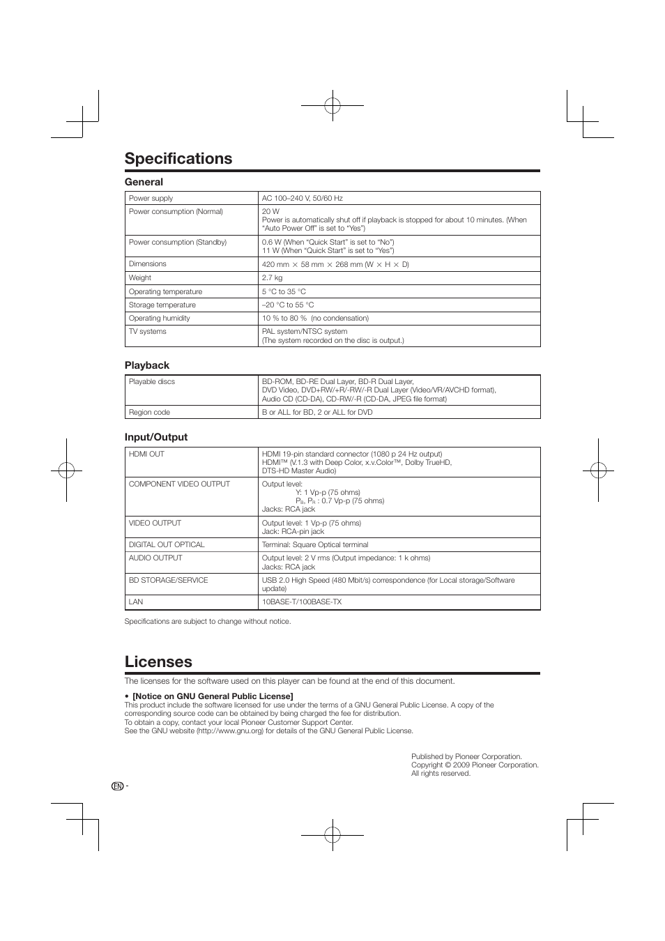 Specifications licenses, Specifications, Licenses | Pioneer BDP-120 User Manual | Page 417 / 427