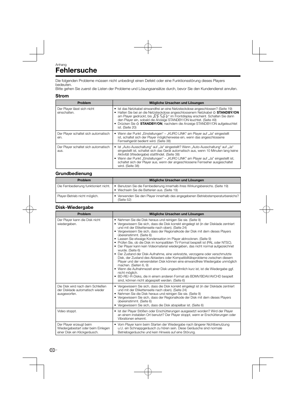 Fehlersuche, Strom, Grundbedienung | Disk-wiedergabe | Pioneer BDP-120 User Manual | Page 47 / 427