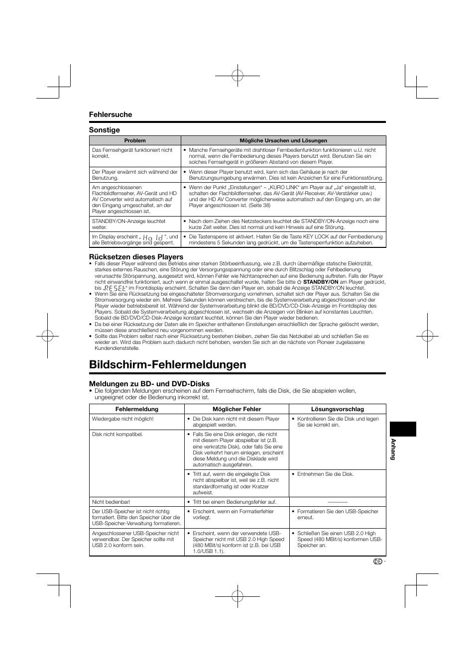 Rücksetzen dieses players, Bildschirm-fehlermeldungen, Meldungen zu bd- und dvd-disks | Fehlersuche sonstige | Pioneer BDP-120 User Manual | Page 50 / 427