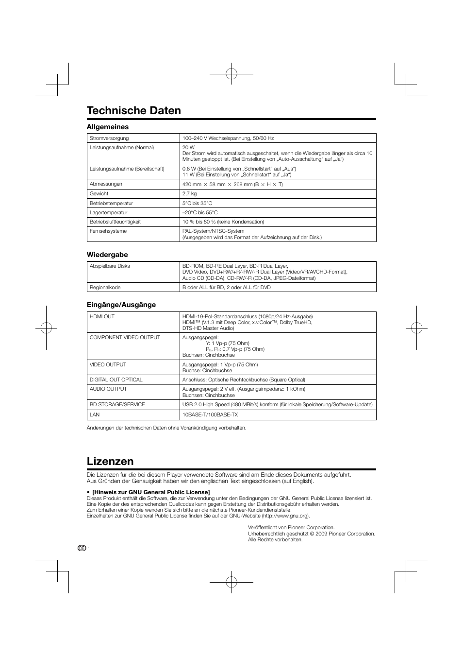 Technische daten lizenzen, Technische daten, Lizenzen | Allgemeines, Wiedergabe, Eingänge/ausgänge | Pioneer BDP-120 User Manual | Page 53 / 427