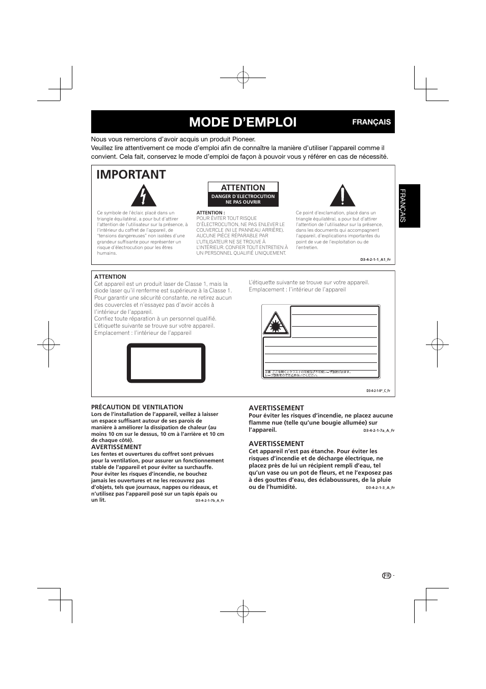 Mode d’emploi, Important, Appareil á laser de classe 1 | Attention | Pioneer BDP-120 User Manual | Page 54 / 427