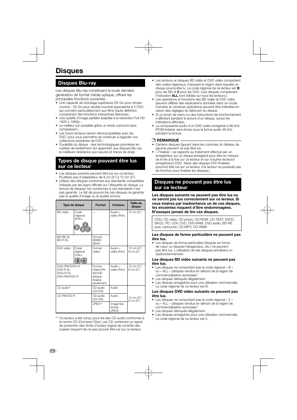 Disques, Disques blu-ray, Types de disque pouvant être lus sur ce lecteur | Disques ne pouvant pas être lus sur ce lecteur | Pioneer BDP-120 User Manual | Page 59 / 427