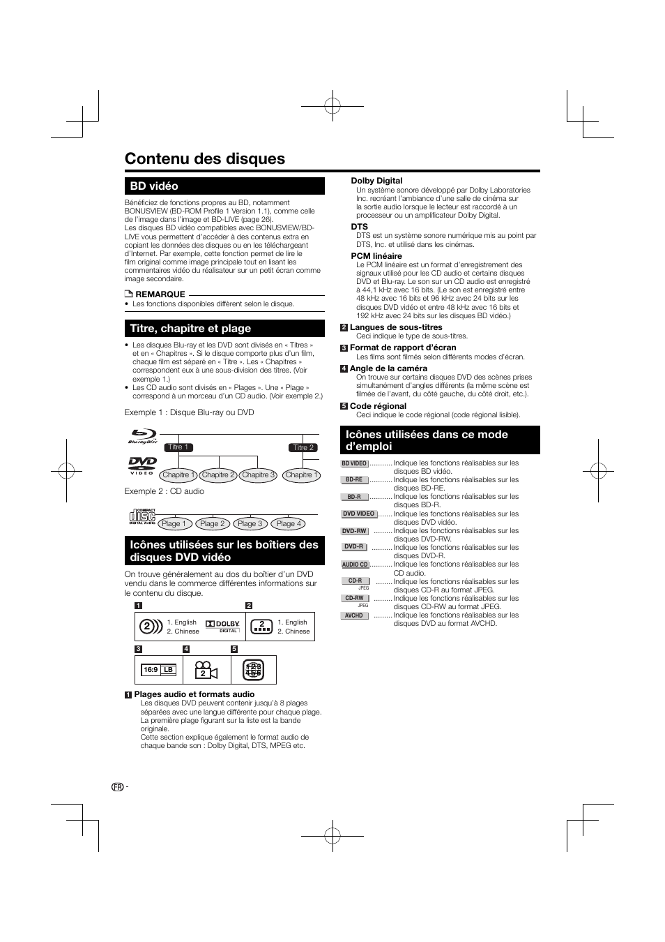 Contenu des disques, Icônes utilisées dans ce mode d’emploi, Bd vidéo | Titre, chapitre et plage | Pioneer BDP-120 User Manual | Page 61 / 427