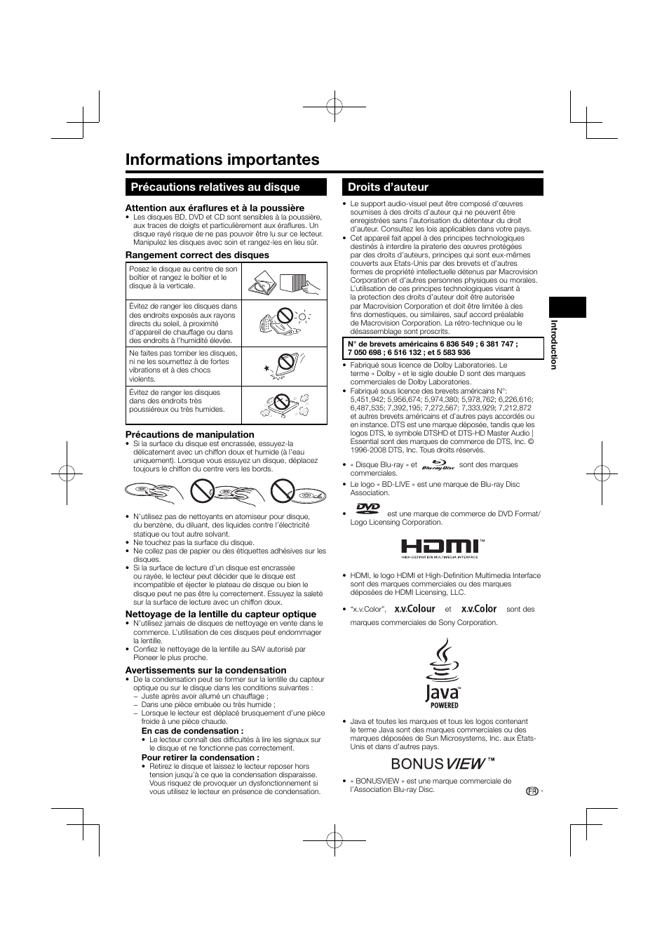 Informations importantes, Précautions relatives au disque droits d’auteur, Précautions relatives au disque | Droits d’auteur | Pioneer BDP-120 User Manual | Page 62 / 427