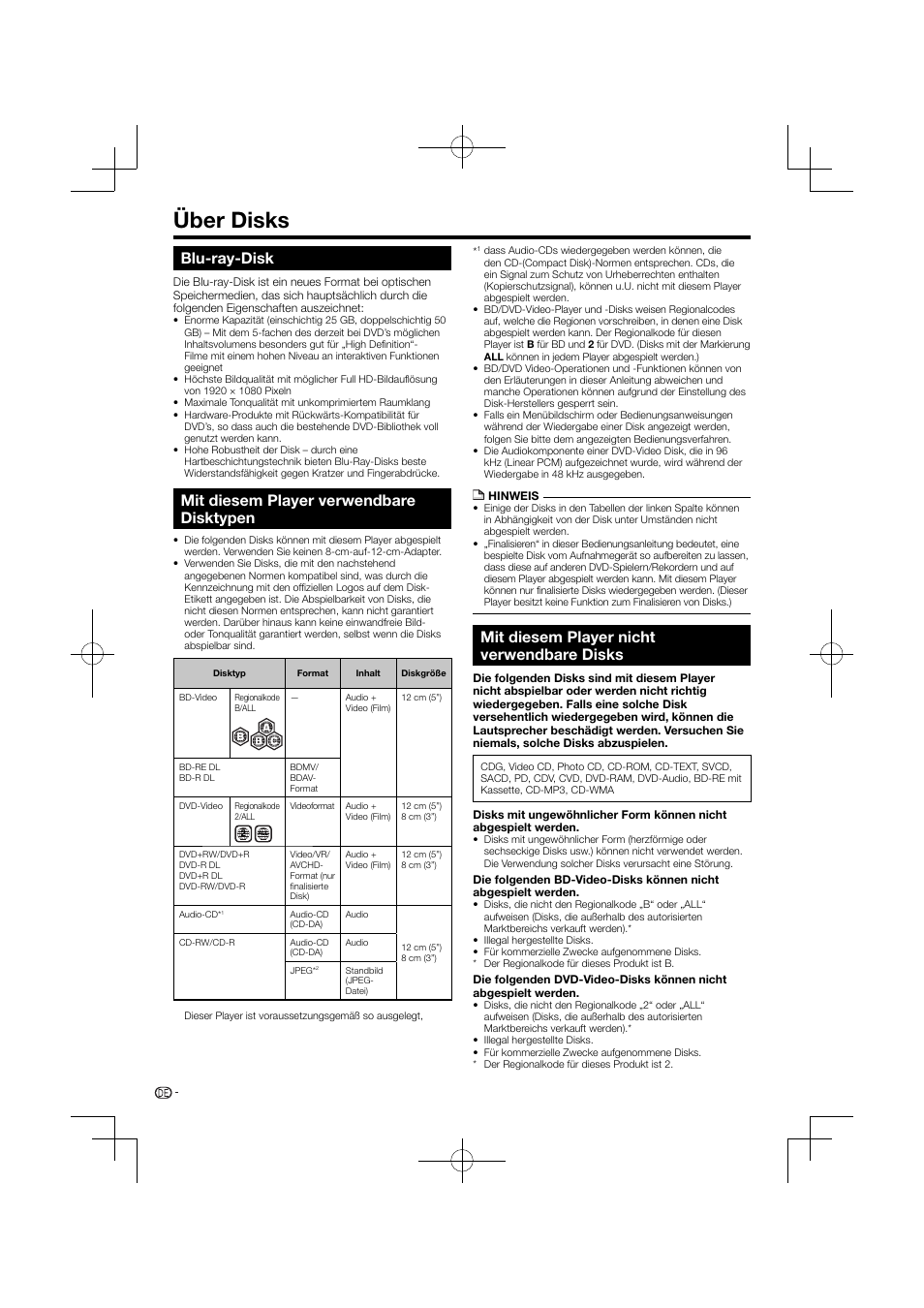 Über disks, Blu-ray-disk, Mit diesem player verwendbare disktypen | Mit diesem player nicht verwendbare disks | Pioneer BDP-120 User Manual | Page 7 / 427