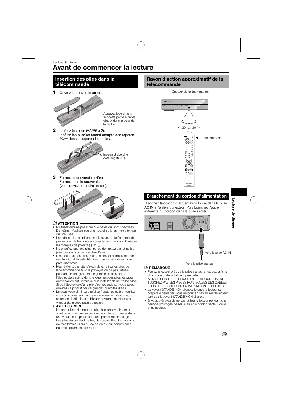 Avant de commencer la lecture, Insertion des piles dans la télécommande, Rayon d’action approximatif de la télécommande | Branchement du cordon d’alimentation, 12 3 branchement du cordon d’alimentation | Pioneer BDP-120 User Manual | Page 72 / 427