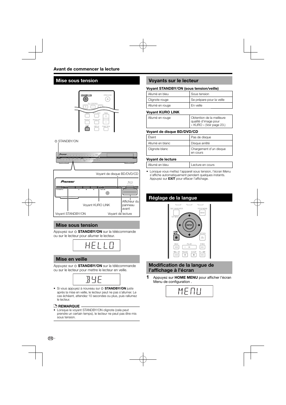 Mise sous tension, Réglage de la langue, Modification de la langue de l’affichage à l’écran | Mise en veille, Voyants sur le lecteur | Pioneer BDP-120 User Manual | Page 73 / 427