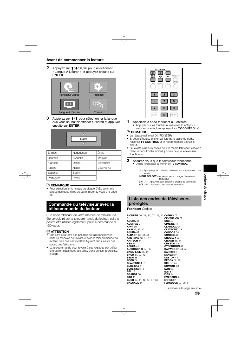 Commande du téléviseur avec la télécommande du, Lecteur, Liste des codes de téléviseurs préréglés | Pioneer BDP-120 User Manual | Page 74 / 427