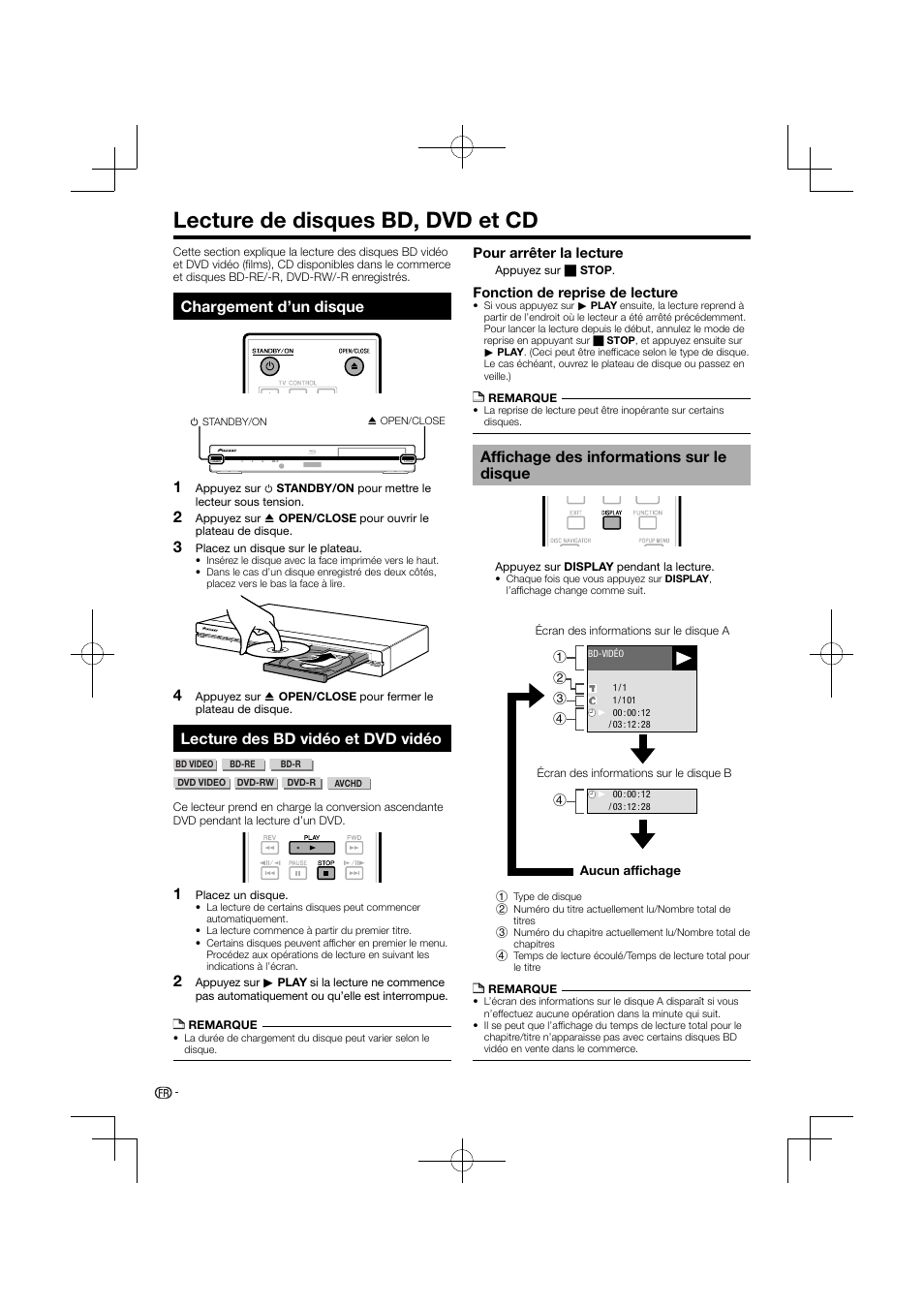 Lecture de disques bd, dvd et cd, Affichage des informations sur le disque, Chargement d’un disque | Lecture des bd vidéo et dvd vidéo | Pioneer BDP-120 User Manual | Page 77 / 427
