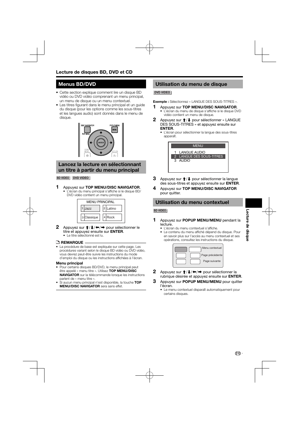 Menus bd/dvd, Menu principal, Utilisation du menu de disque | Utilisation du menu contextuel | Pioneer BDP-120 User Manual | Page 78 / 427