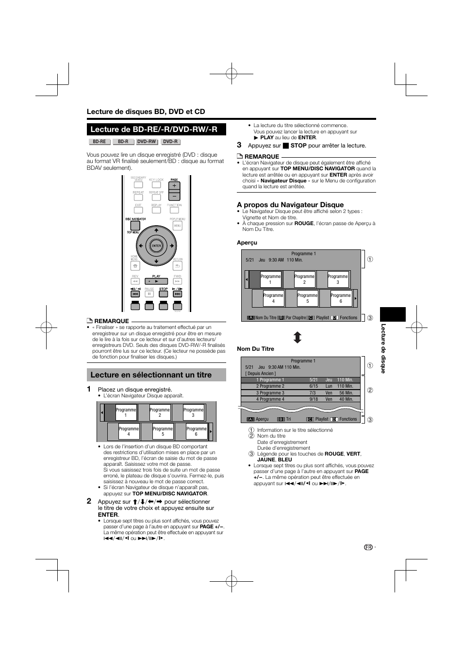 Lecture de bd-re/-r/dvd-rw/-r, Lecture en sélectionnant un titre, Lecture de disques bd, dvd et cd | A propos du navigateur disque | Pioneer BDP-120 User Manual | Page 80 / 427