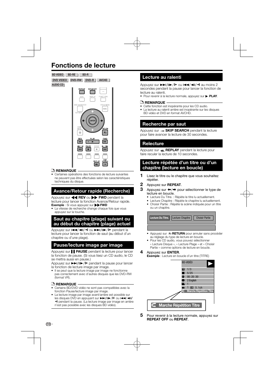 Fonctions de lecture, Chapitre (plage) actuel, Lecture en boucle) | Avance/retour rapide (recherche), Pause/lecture image par image, Lecture au ralenti, Recherche par saut, Relecture | Pioneer BDP-120 User Manual | Page 83 / 427