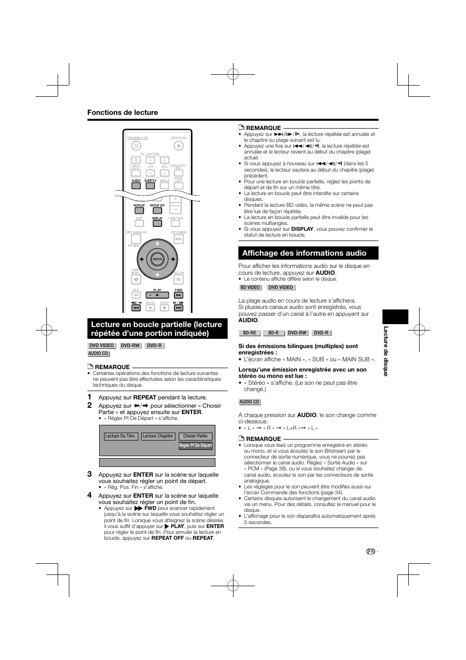 Lecture en boucle partielle, Lecture répétée d’une portion indiquée), Affichage des informations audio | Pioneer BDP-120 User Manual | Page 84 / 427