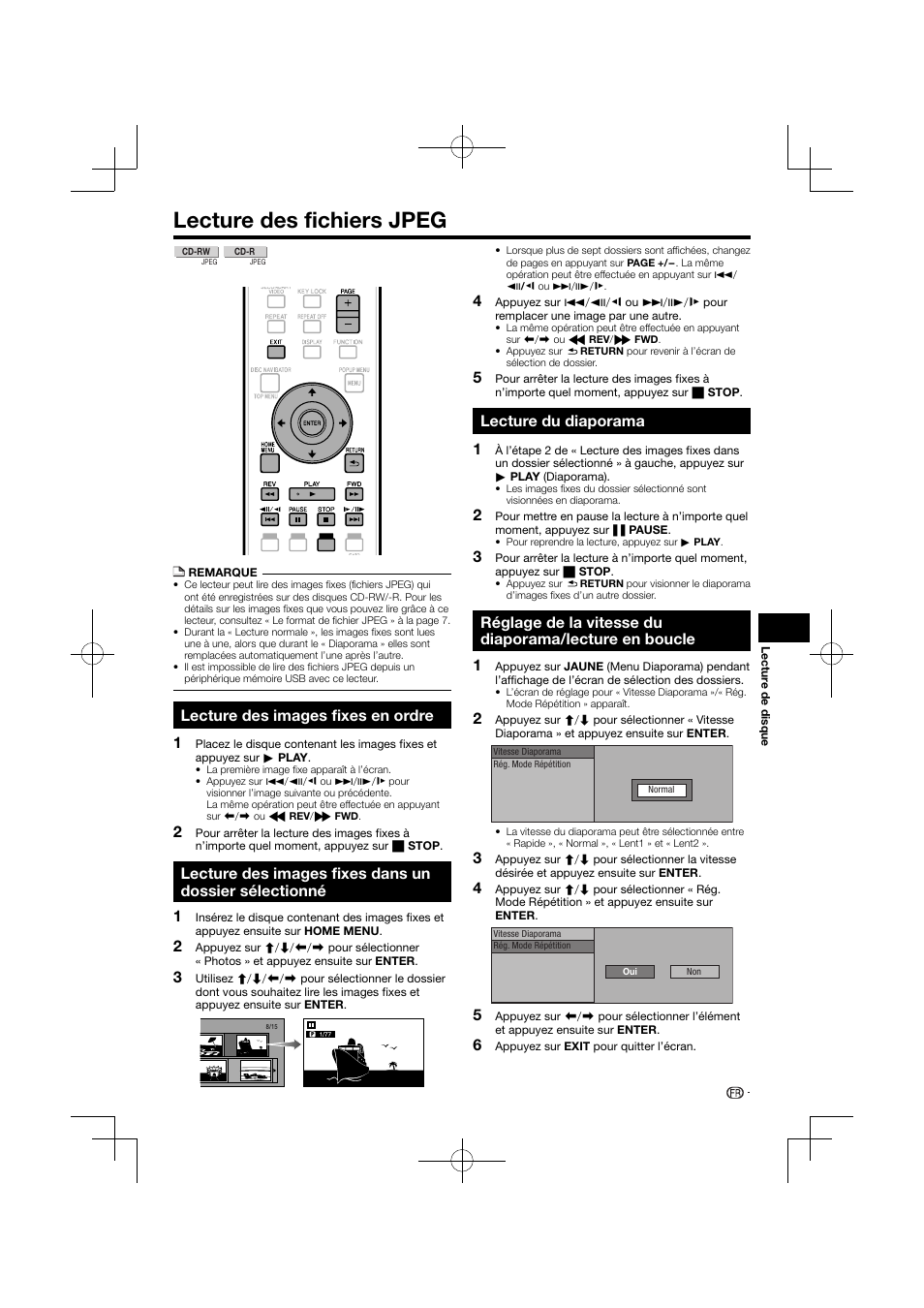 Lecture des fichiers jpeg, Lecture des images fixes en ordre, Lecture du diaporama | Pioneer BDP-120 User Manual | Page 86 / 427