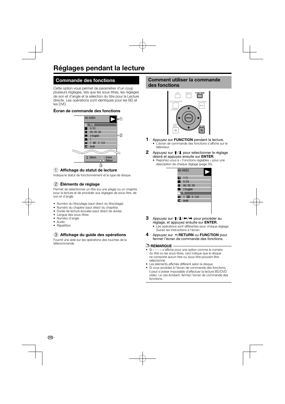 Réglages pendant la lecture, Commande des fonctions, Comment utiliser la commande des fonctions | Pioneer BDP-120 User Manual | Page 87 / 427