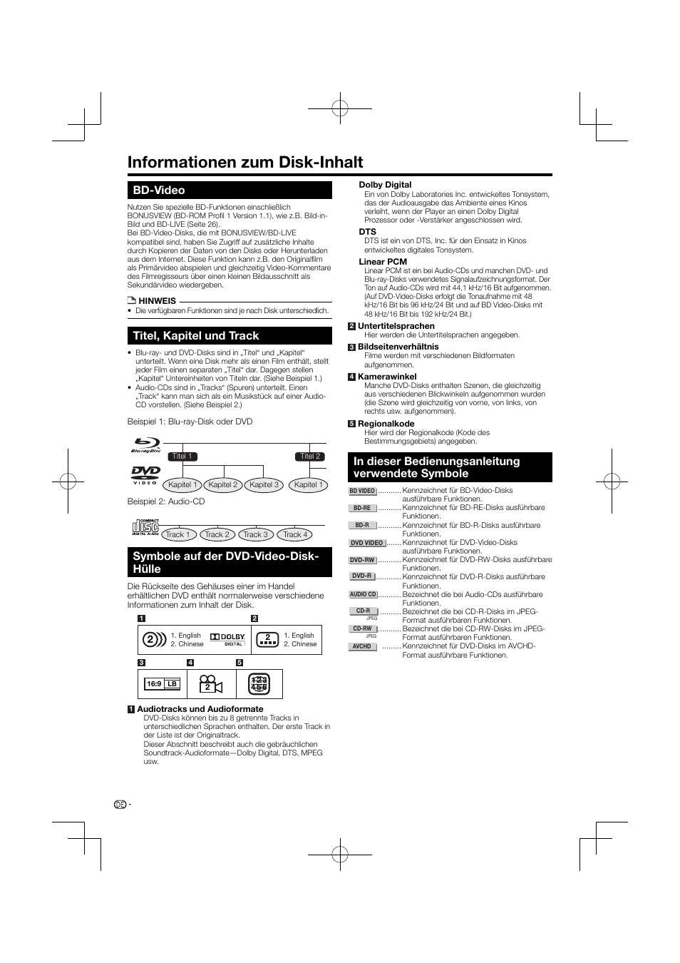 Informationen zum disk-inhalt, Symbole auf der dvd-video-disk- hülle, Bd-video | Titel, kapitel und track | Pioneer BDP-120 User Manual | Page 9 / 427