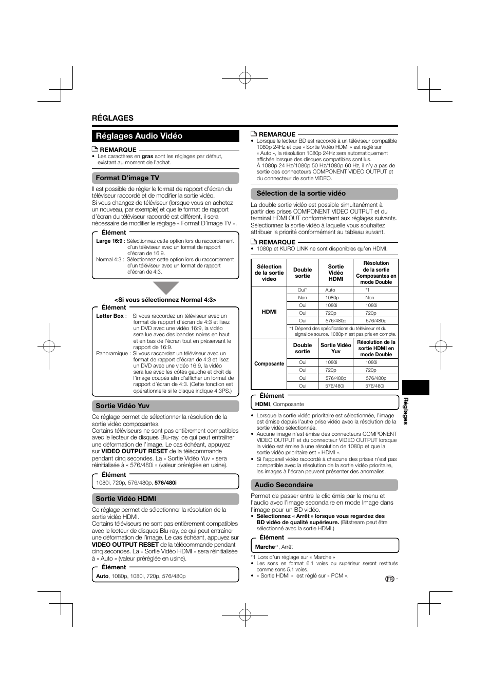 Réglages audio vidéo, Réglages | Pioneer BDP-120 User Manual | Page 90 / 427