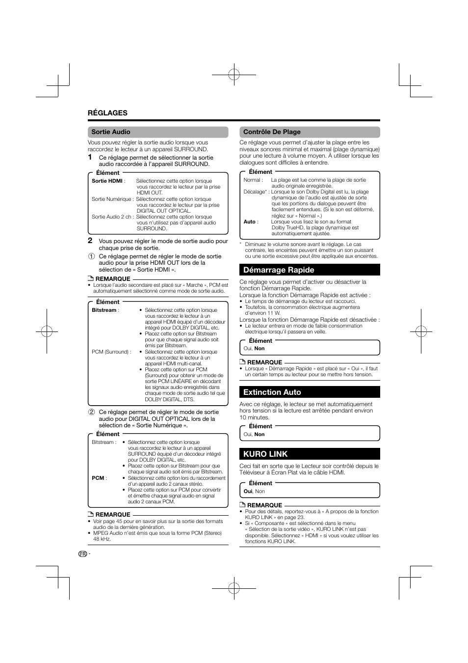 Démarrage rapide, Extinction auto, Kuro link | Pioneer BDP-120 User Manual | Page 91 / 427