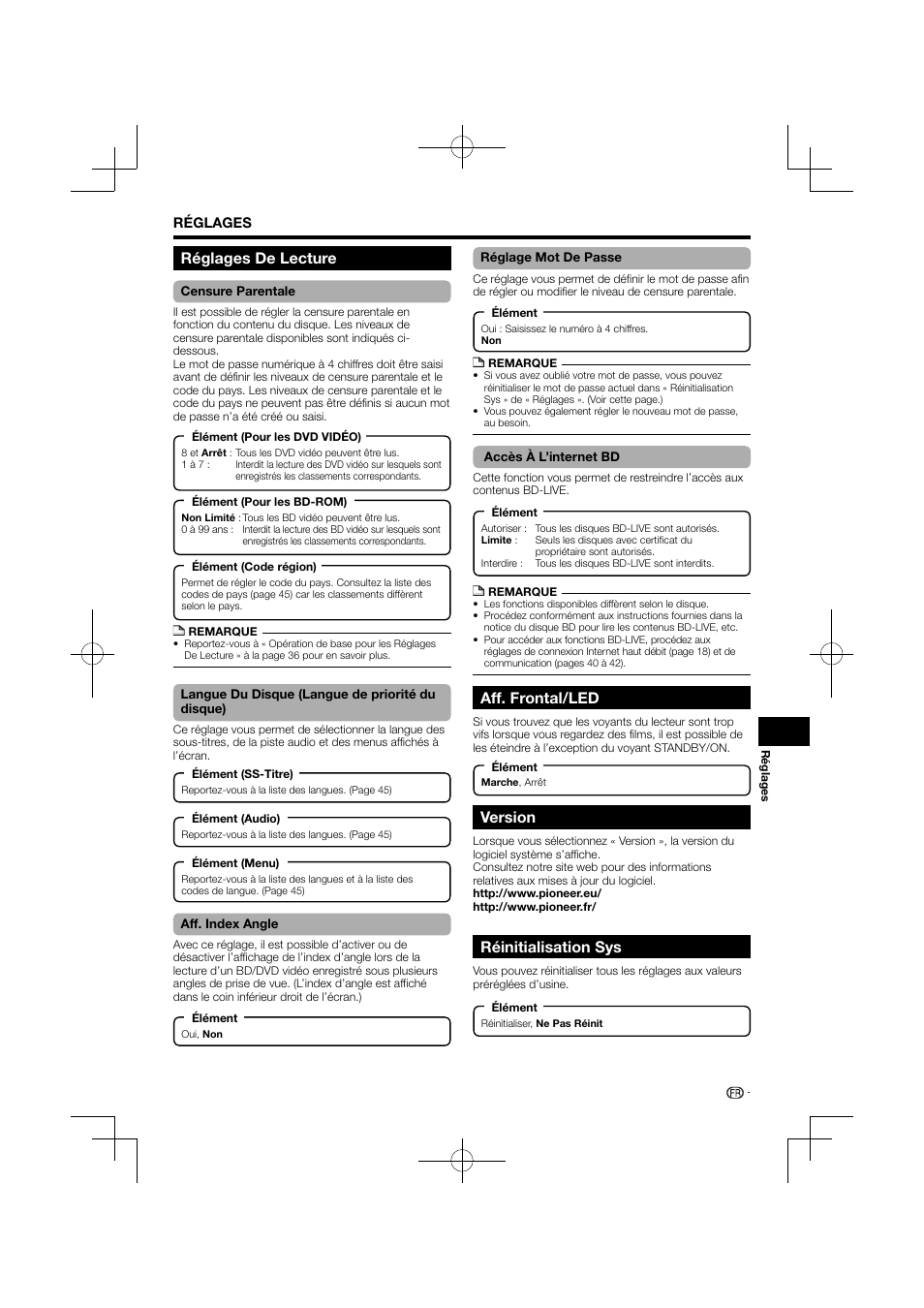 Aff. frontal/led, Version, Réinitialisation sys | Réglages de lecture | Pioneer BDP-120 User Manual | Page 92 / 427