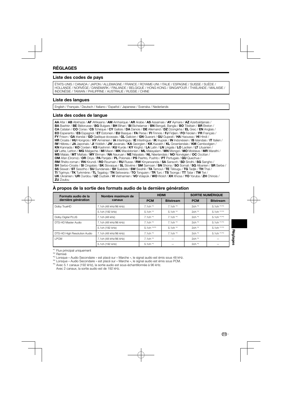 Réglages liste des codes de pays, Liste des langues, Liste des codes de langue | 45 réglages | Pioneer BDP-120 User Manual | Page 98 / 427