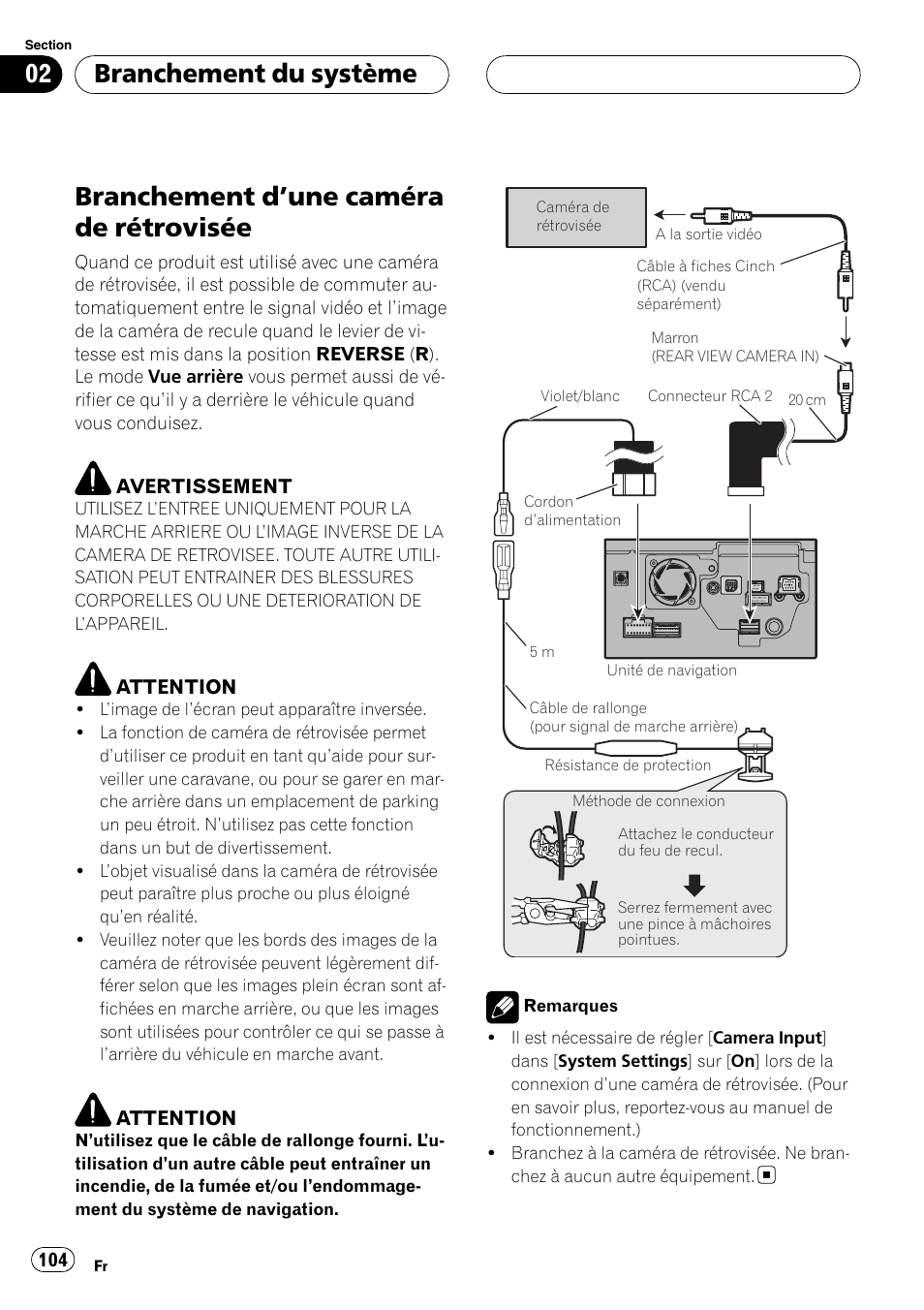 Branchement d, Une caméra de, Rétrovisée | Branchement d ’une caméra de rétrovisée, Branchement du système | Pioneer AVIC-HD3-II User Manual | Page 104 / 177
