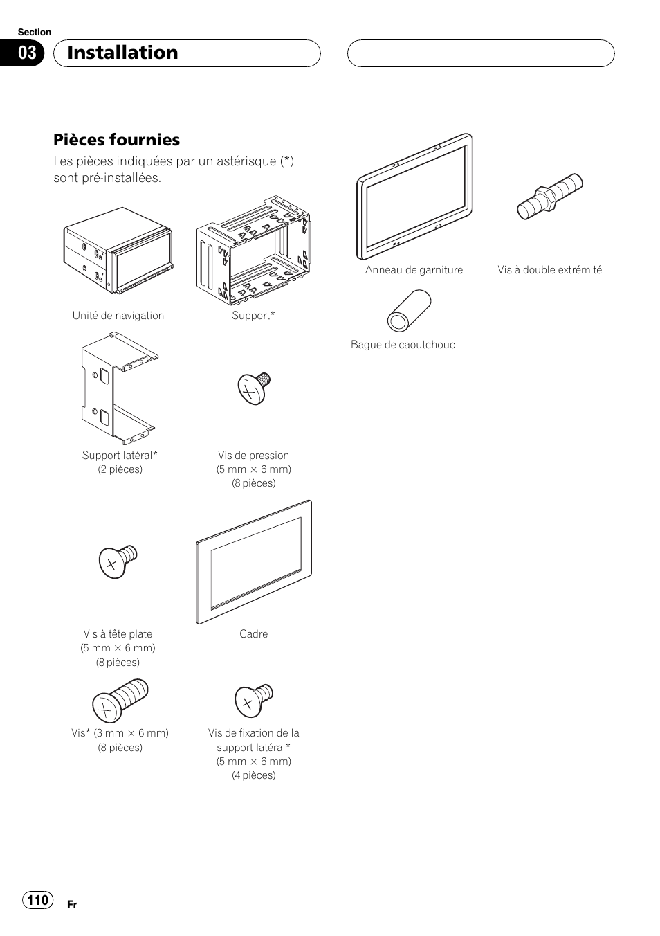 Pièces fournies 110, Installation, Pièces fournies | Pioneer AVIC-HD3-II User Manual | Page 110 / 177