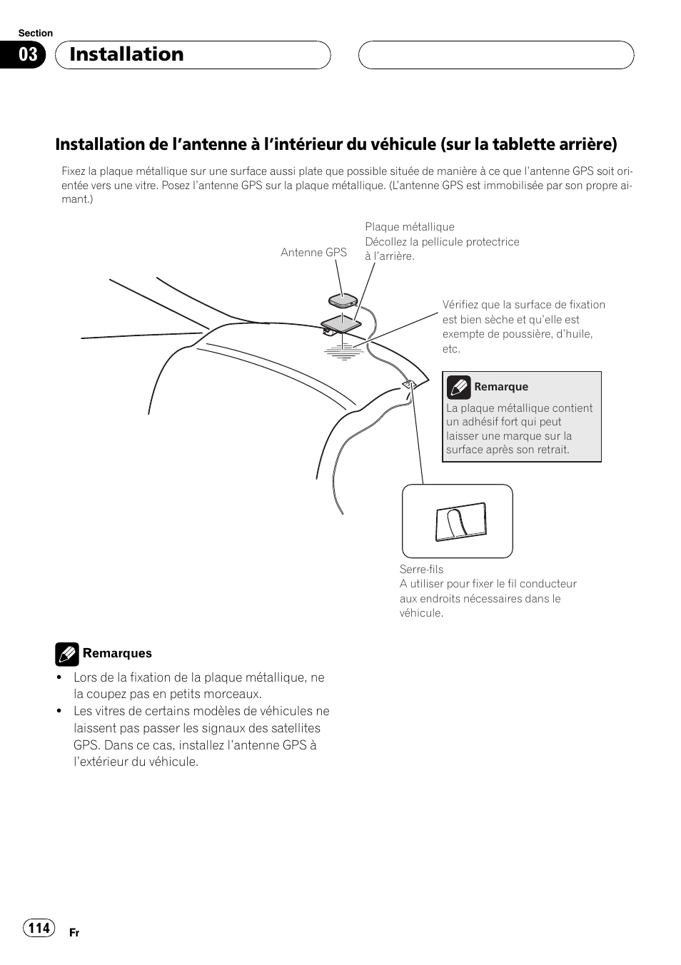 Installation de l’antenne à l’intérieur du, Véhicule (sur la tablette arrière), Installation | Pioneer AVIC-HD3-II User Manual | Page 114 / 177