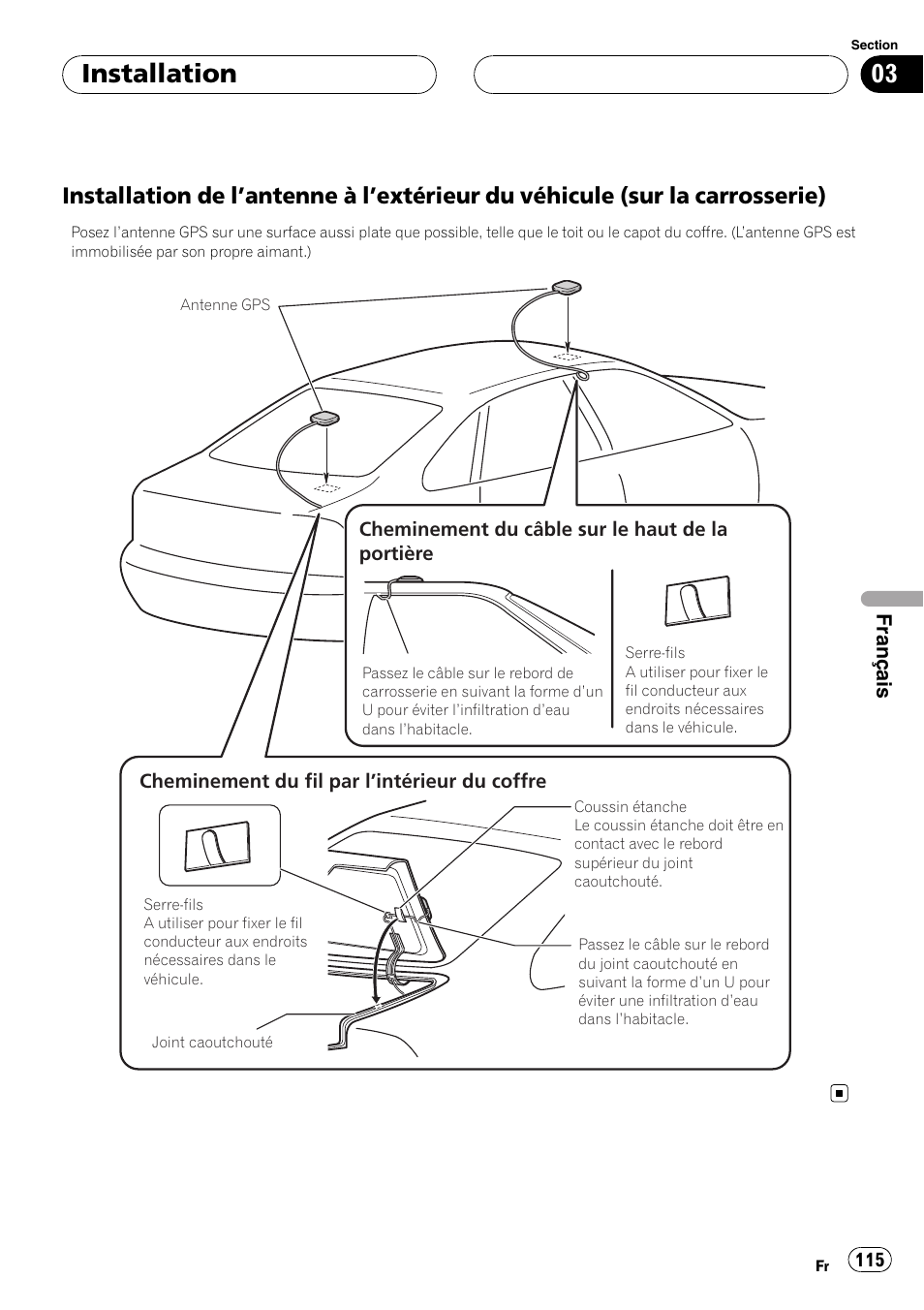 Installation de l’antenne à l’extérieur du, Véhicule (sur la carrosserie), Installation | Pioneer AVIC-HD3-II User Manual | Page 115 / 177
