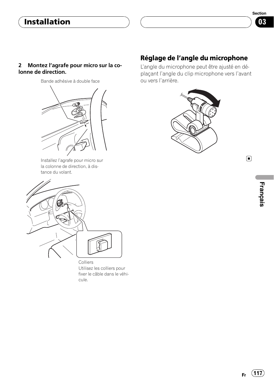 Réglage de l’angle du, Microphone, Installation | Réglage de l ’angle du microphone | Pioneer AVIC-HD3-II User Manual | Page 117 / 177